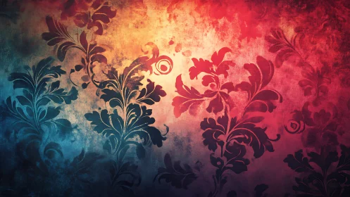 Floral damask silhouettes over warm red blue gradient canvas.