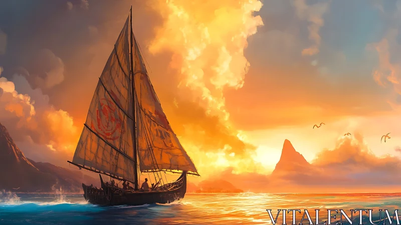 Sailing ship cuts horizon under blazing sunset clouds.