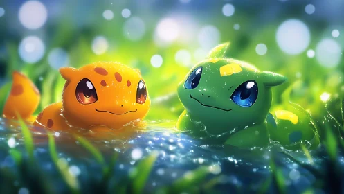 Pondlight pals, two glowing chibi creatures in sparkling grass.