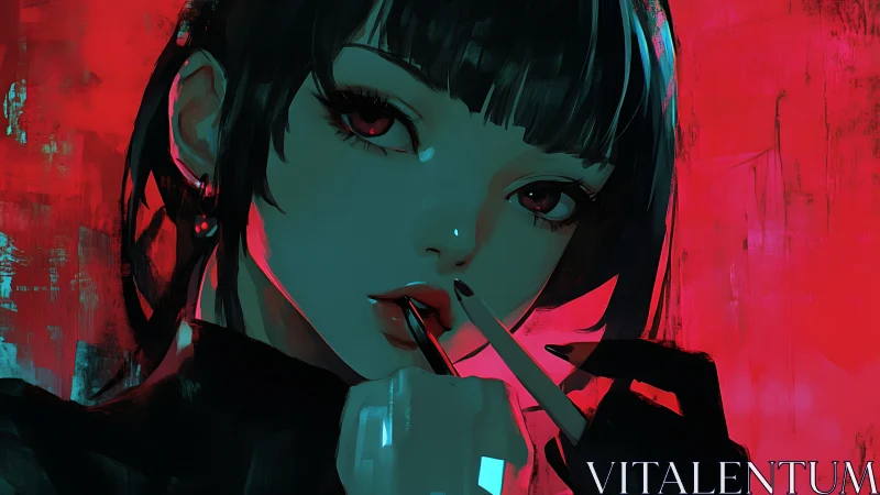 Noir cyber muse with crimson lighting and sharp gaze.