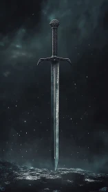 Medieval longsword suspended over rocky ground in mist.