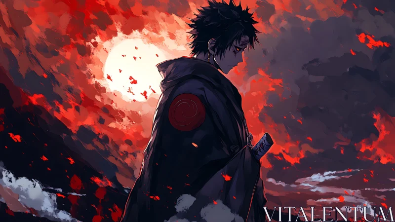 Solitary anime swordsman under red stormy sunset sky.