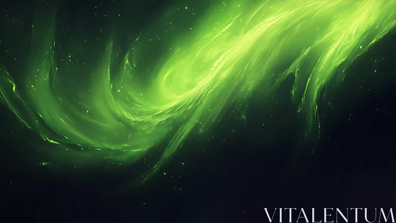 Vivid Green Aurora in Abstract Cosmic Style, Swirling Night Sky.