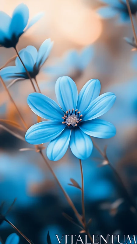 Blue cosmos flowers blooming with soft bokeh background