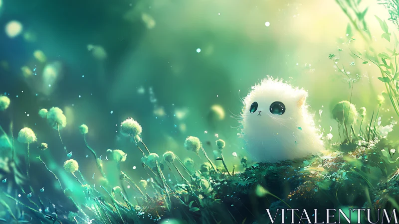 Fluffy white creature adrift in glowing dreamlike meadow.
