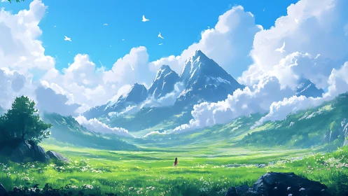 Vast emerald valley beneath towering sunlit mountains.