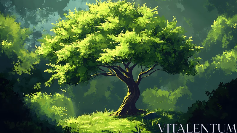 Lush Green Tree in Sunlit Forest, Digital Art Illustration.