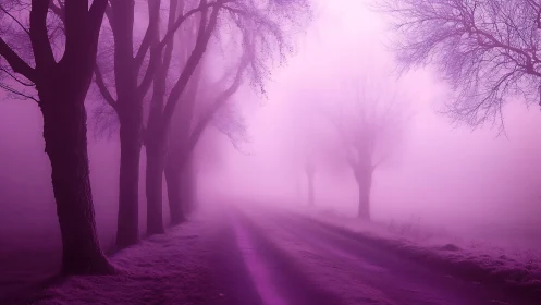 Purple misty forest road fades into dreamy winter light.