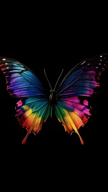 Symmetrical multicolor butterfly rendered on black background