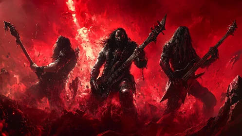 Fiery metal band unleashes powerful riffs in molten red chaos
