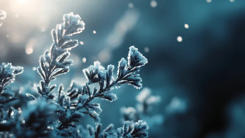 Winter frost on evergreen branch in dreamy soft bokeh glow.