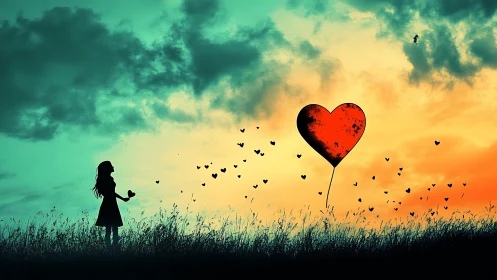 Silhouette releases heart-shaped dreams into painted sky.