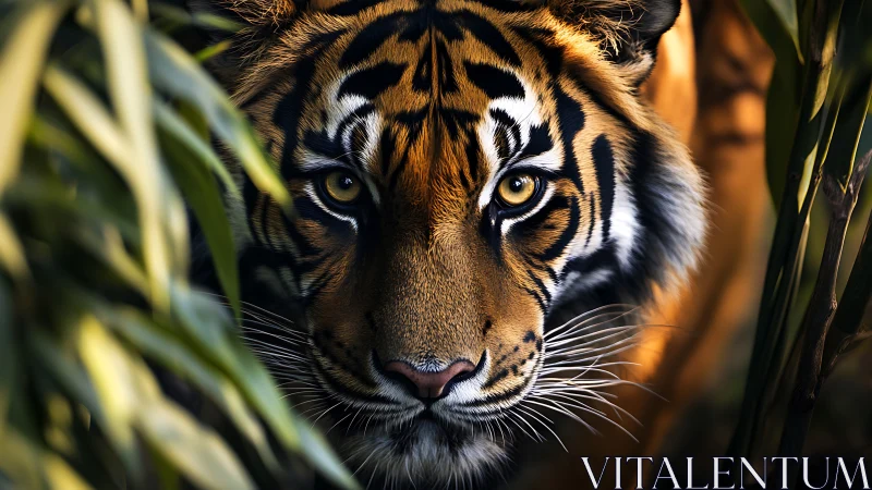 Close frontal view of tiger head amid dense green foliage.