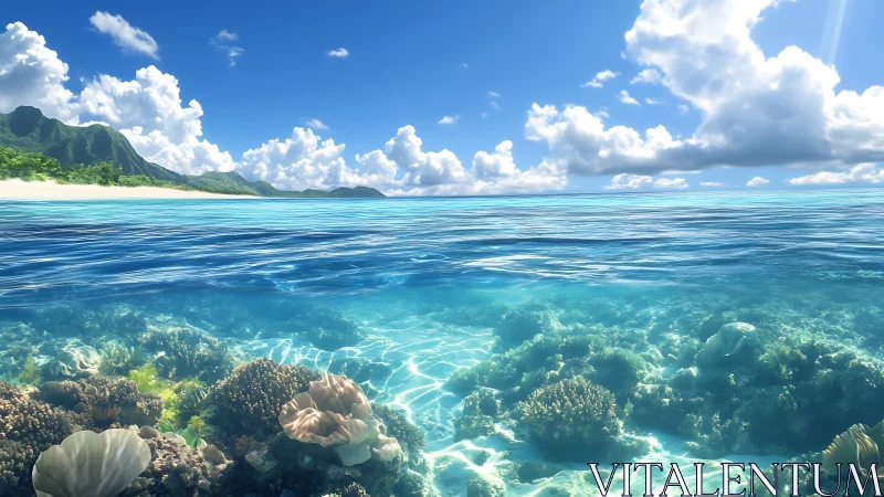 Tropical shoreline with clear water over coral reef seascape.