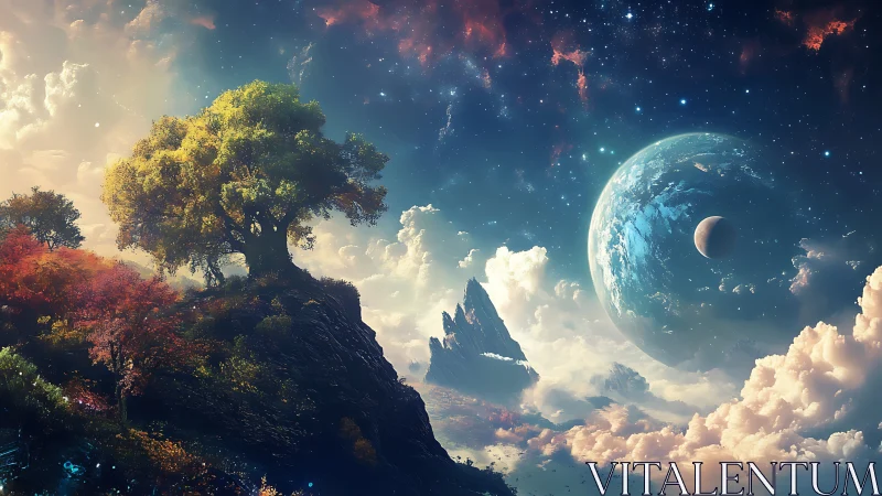 Celestial planet rises beyond a luminous fantasy cliffside.