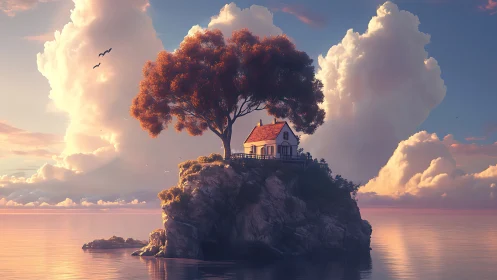 Cottage on Rocky Island with Orange Tree