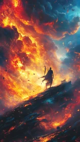 Lone firewalker bargains with the storm above molten sky