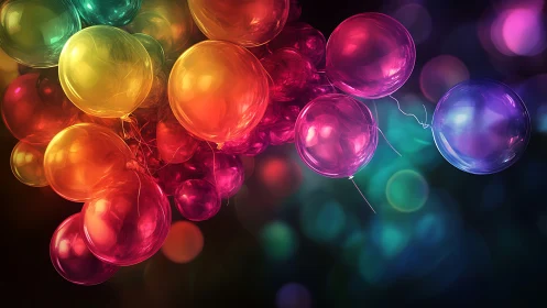 Luminous multicolor balloons glow against deep blurred bokeh
