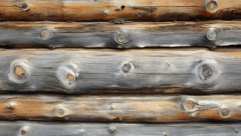 Weathered horizontal log wall with visible knots and grain.