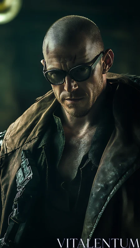 Dustborn drifter in rusted goggles stalks the neon dark.