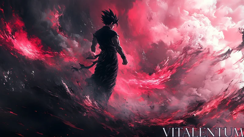 Lone anime warrior strides through swirling crimson storm