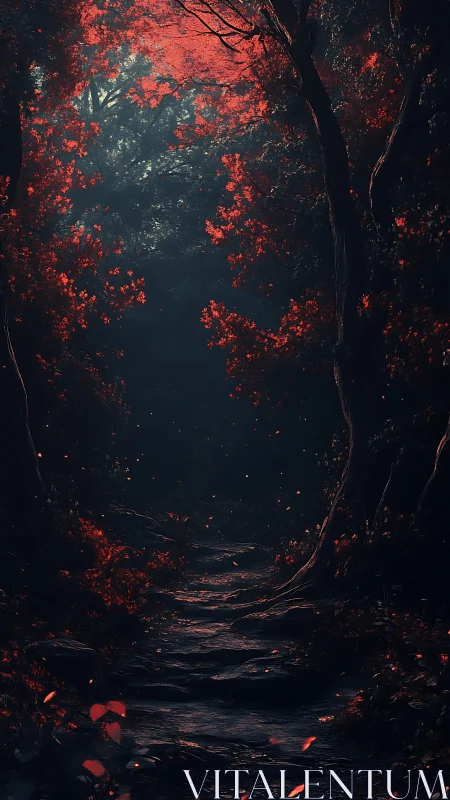 Mystical forest pathway illuminated by glowing red foliage