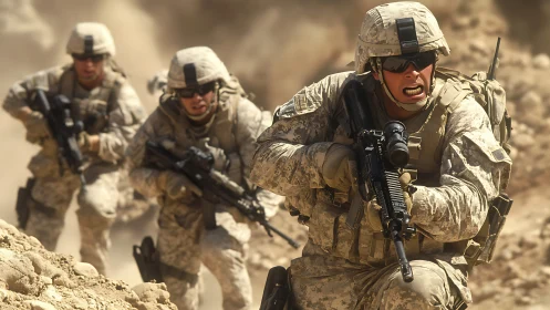 Dusty hillside rush with determined modern soldiers in focus.