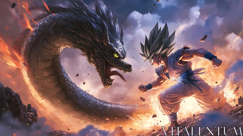 Saiyan warrior faces massive dragon in explosive battle