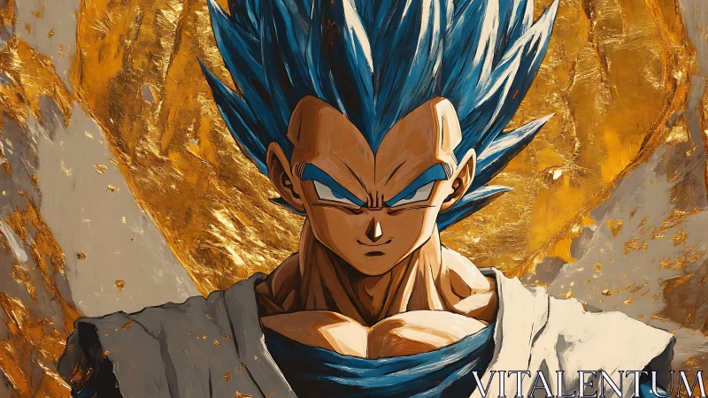 Blue-haired warrior poised before molten gold storm backdrop.