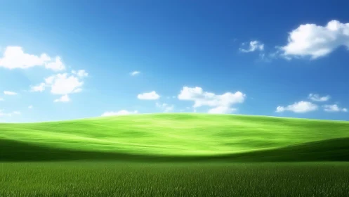 Luminous green hillside under clear blue sky with clouds.
