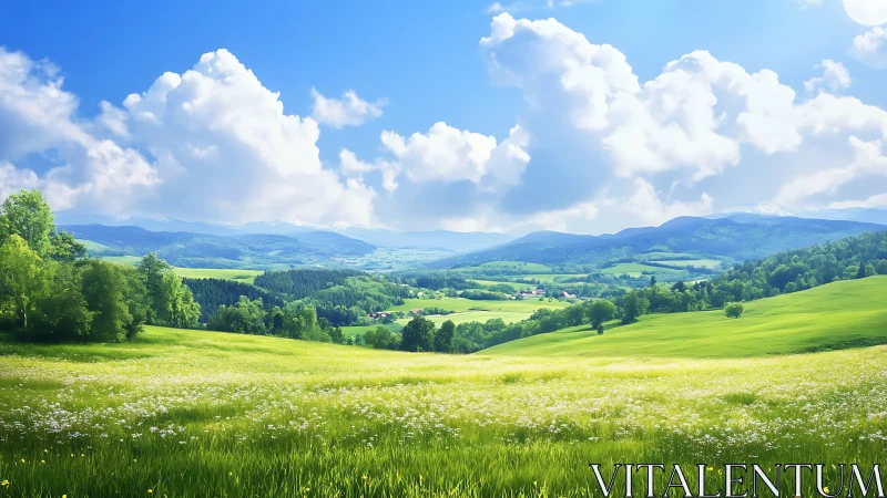 Bright green valley landscape under wide blue sky.