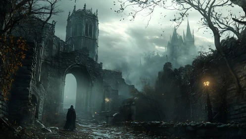 Cloaked figure enters ruined gothic city under dark skies.