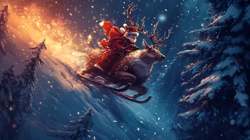 Dynamic Santa downhill ride on reindeer sled with fiery motion trail