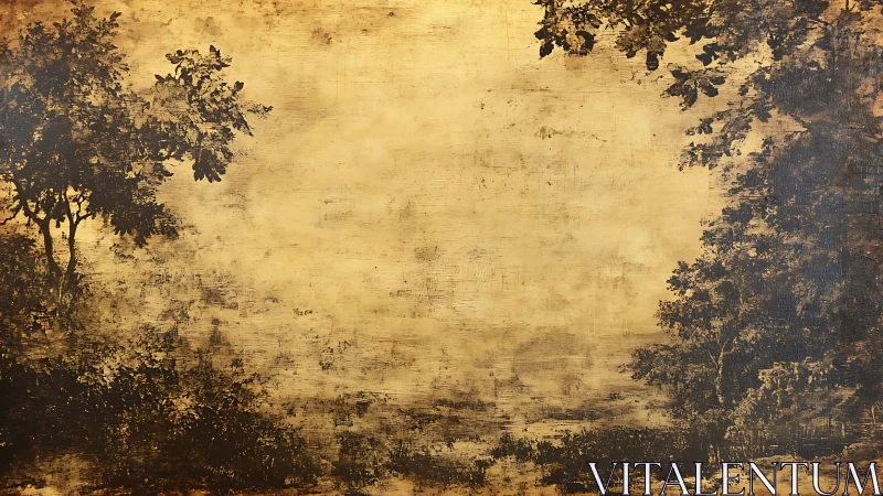 Sepia woodland vignette framing atmospheric empty field.