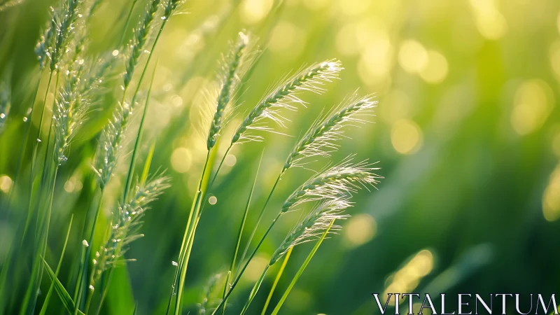 Shallow depth of field isolates sunlit grass seed heads in bokeh field