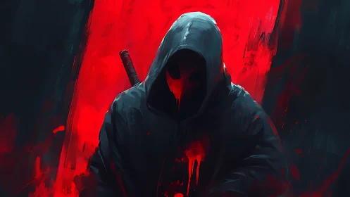 Hooded assassin emerges from blood-red abstract void.