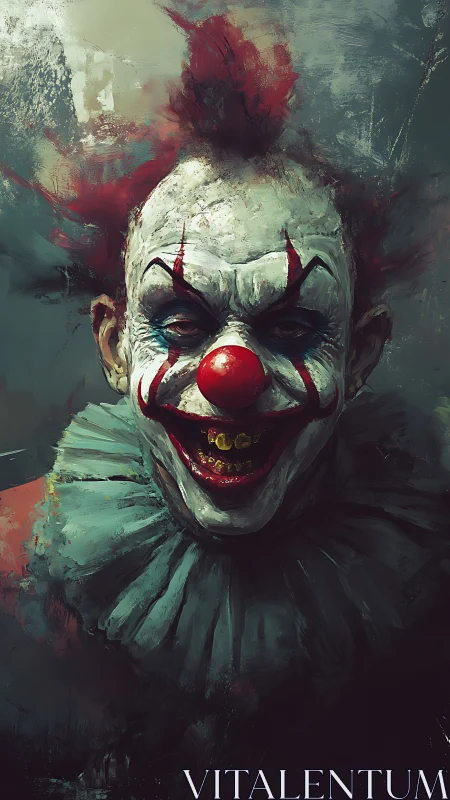 Sinister carnival clown with a haunting, mischievous grin.
