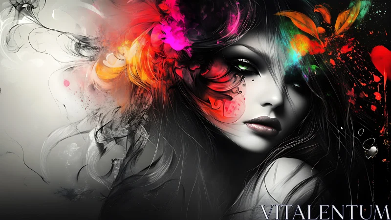 Surreal monochrome portrait with explosive neon florals