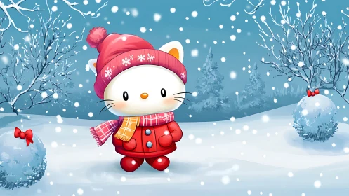 Cartoon cat character stands in snowy winter landscape outdoors