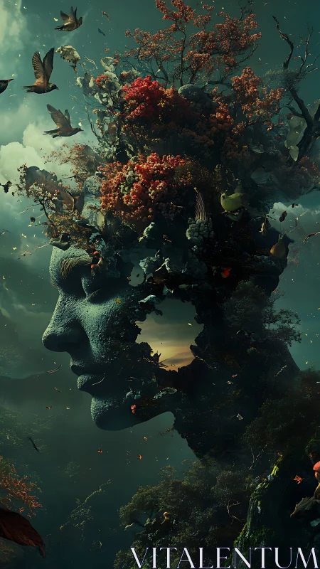 Mythic forest goddess bust dissolving into avian cosmos