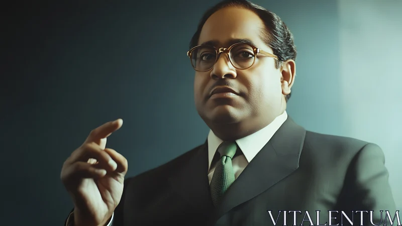 Formal portrait of besuited man in glasses against teal wall.