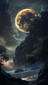 Large luminous moon above rocky coastal landscape at dusk.