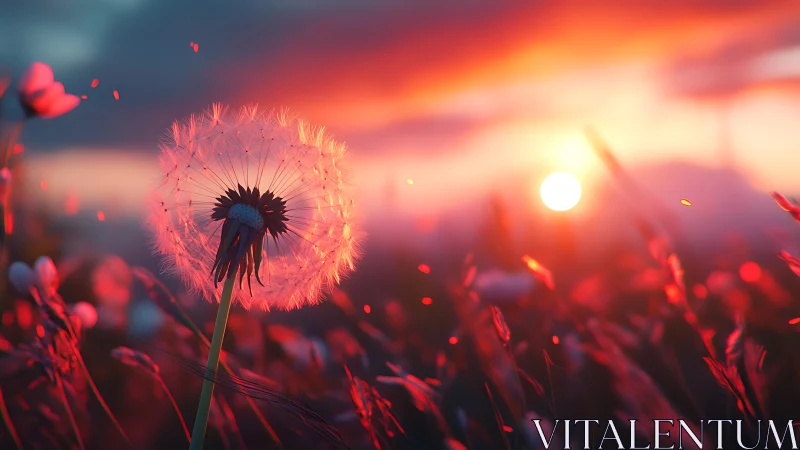 Dandelion seed head in backlit field at low sun position.