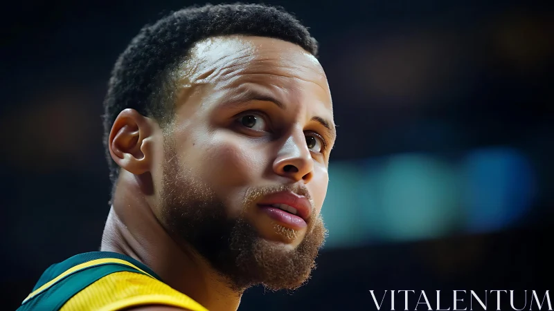Intense basketball player portrait under arena lights.
