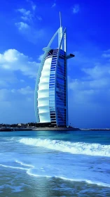 Iconic sail-shaped hotel tower on a calm shoreline in blue.