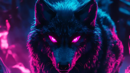 Neon-lit wolf in high contrast pink and blue environment.