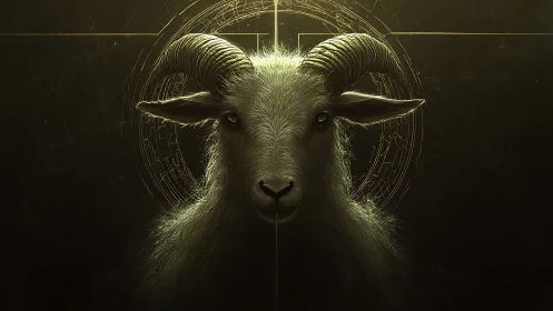 Mythic horned goat glows before occult golden sigils.