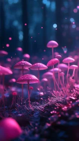 Neon pink mushrooms stand in a dim, out-of-focus forest