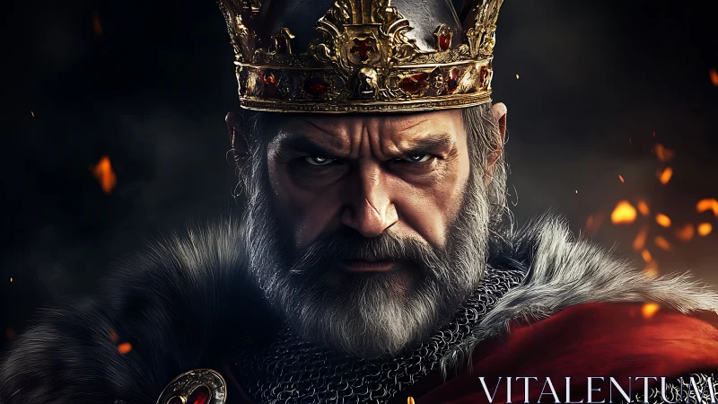 Grim medieval king portrait with jeweled golden crown.