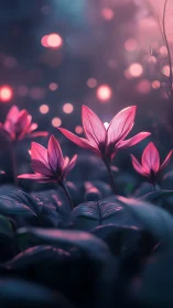 Pink illuminated flowers in shallow-focus nocturnal scene.